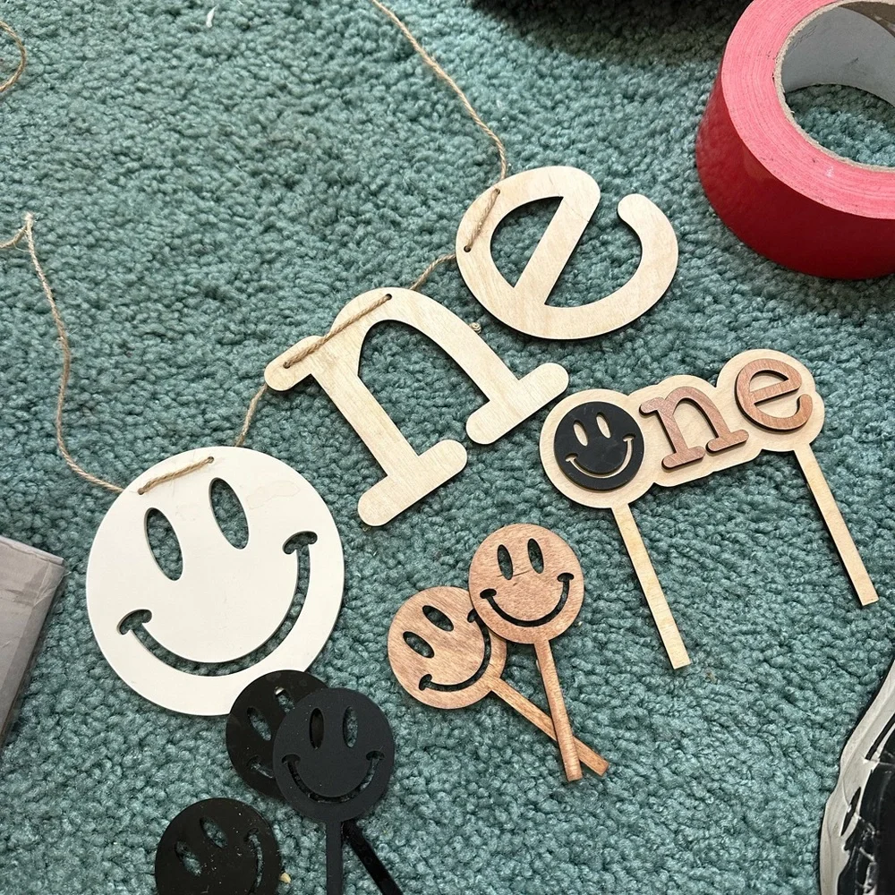 Smiley Face Party Decoration Set - Black, White, Brown Plus one happy dude onsie
